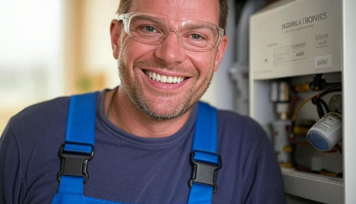 Gas Safe registered engineer installing a modern combi boiler in a UK home, showing professional heating system installation