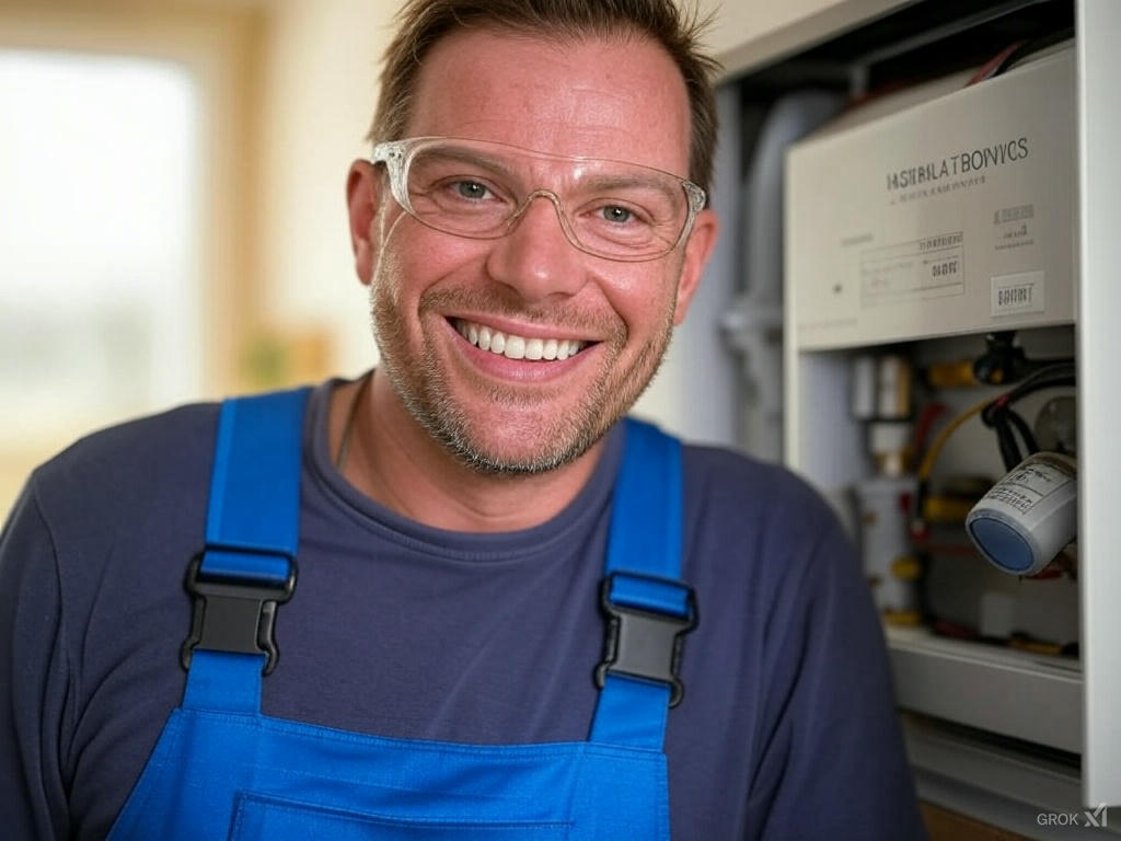 Gas Safe registered engineer installing a modern combi boiler in a UK home, showing professional heating system installation