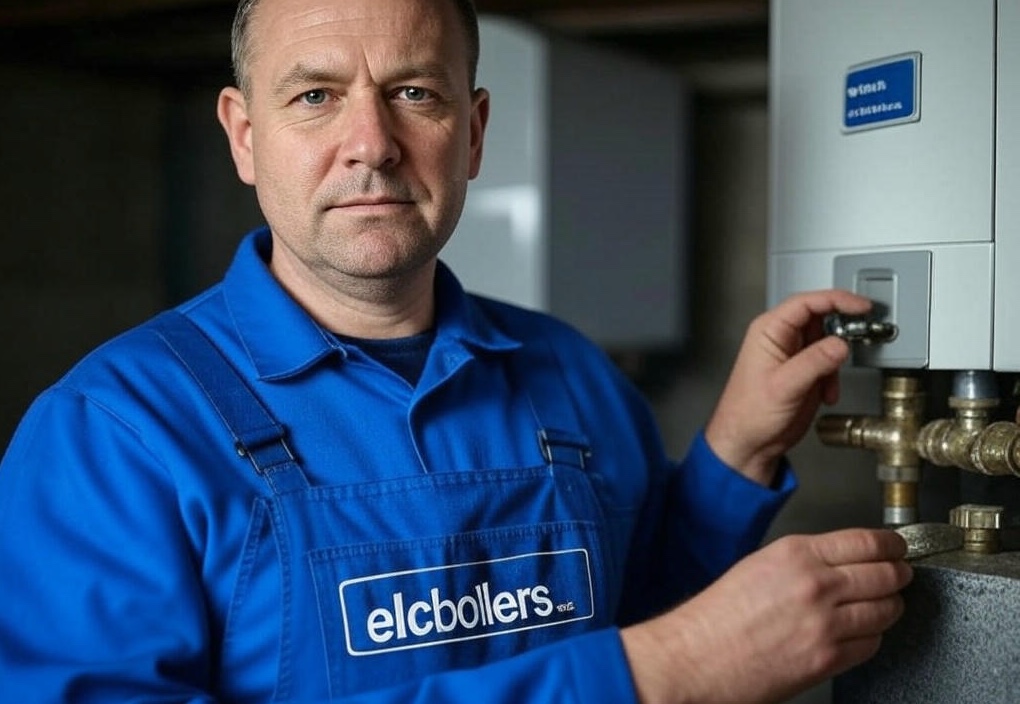 Gas Safe engineer servicing a combi boiler in a North London kitchen for ELC Boilers