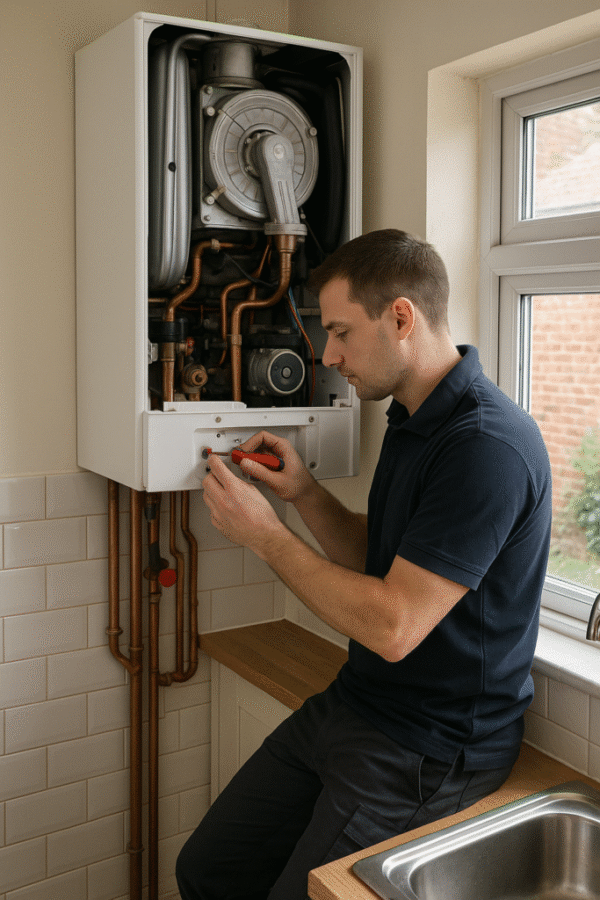 Professional Boiler Servicing in Hainault & Chigwell – Prevent Costly Breakdowns Gas Safe engineer performing annual boiler service in Hainault, IG7 – ELC Boilers