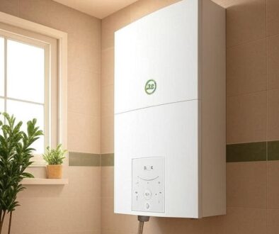 Modern wall-mounted electric boiler in a UK home with smart thermostat controls for energy-efficient heating in 2025.