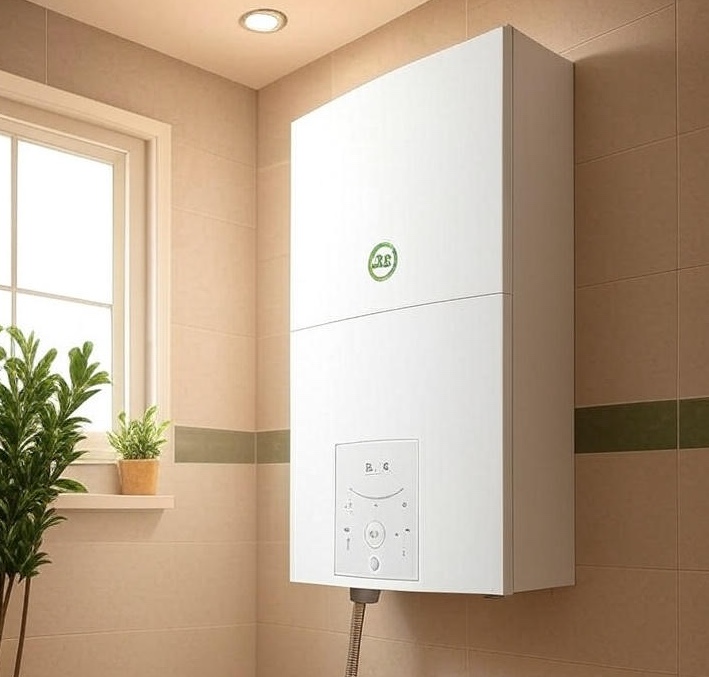 Modern wall-mounted electric boiler in a UK home with smart thermostat controls for energy-efficient heating in 2025.