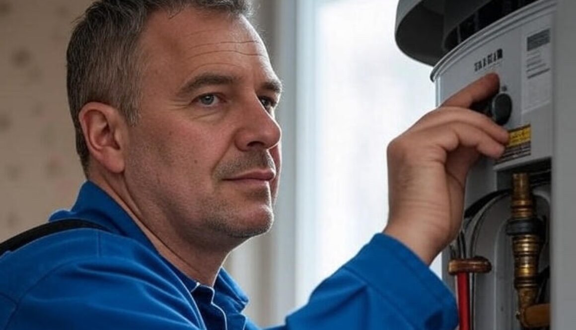 Engineer from ELC Boilers installing a modern energy-efficient boiler in a Victorian home in North London.