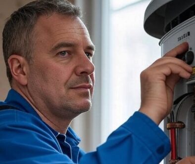 Engineer from ELC Boilers installing a modern energy-efficient boiler in a Victorian home in North London.